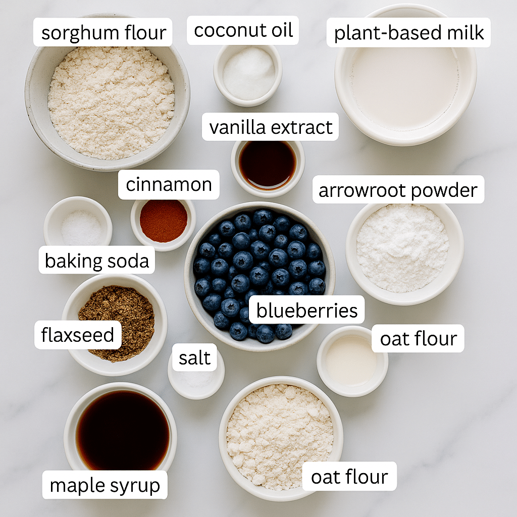 Ingredients for vegan blueberry muffins with sorghum