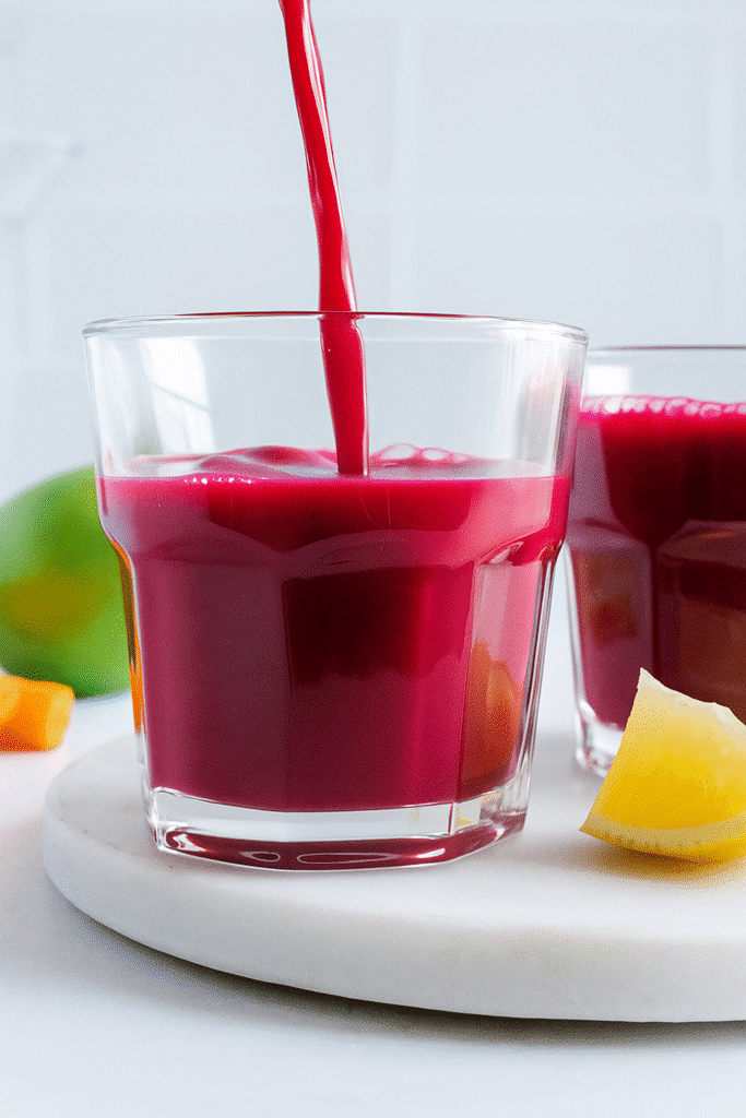 ABC Juice in a tall glass with apple, beetroot, and carrot