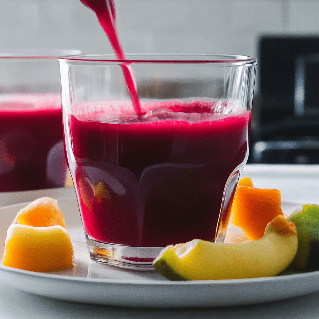 ABC Juice in a tall glass with apple, beetroot, and carrot