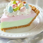 Easter Jello Pie with pastel colors and candy topping