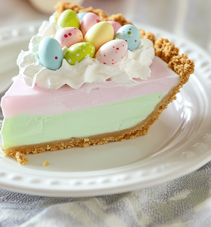 Easter Jello Pie with pastel colors and candy topping