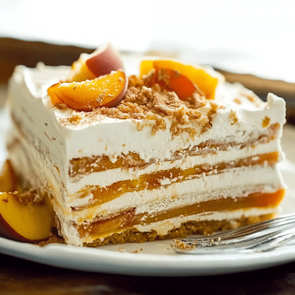 Slice of Bourbon Peach Icebox Cake served