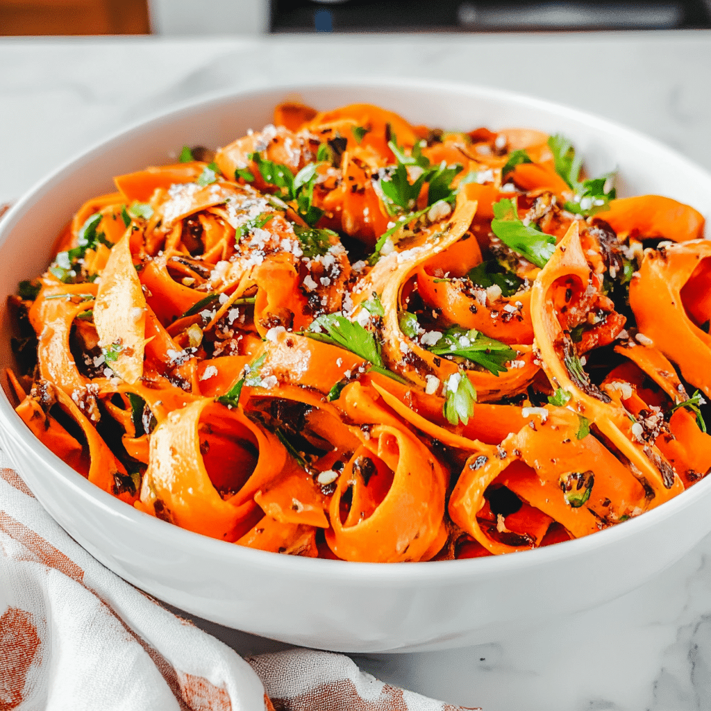 Carrot ribbon salad with sesame and lime in bowl