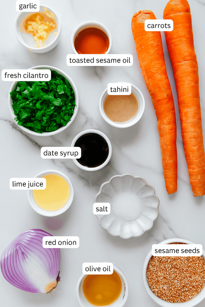 Ingredients for carrot ribbon salad on kitchen counter