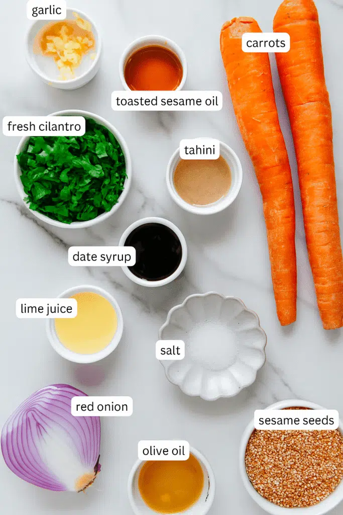 Ingredients for carrot ribbon salad on kitchen counter