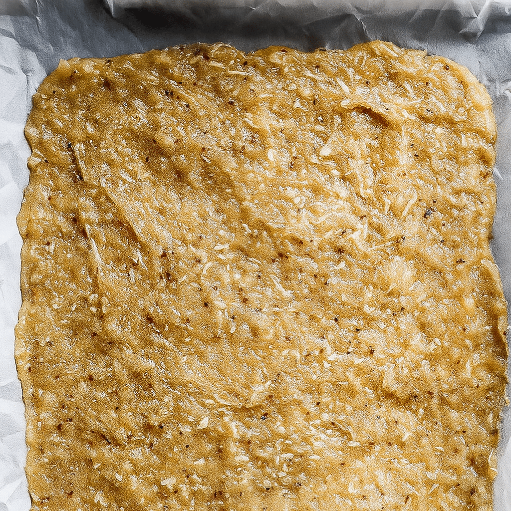 Raw chicken crust mixture on tray before baking
