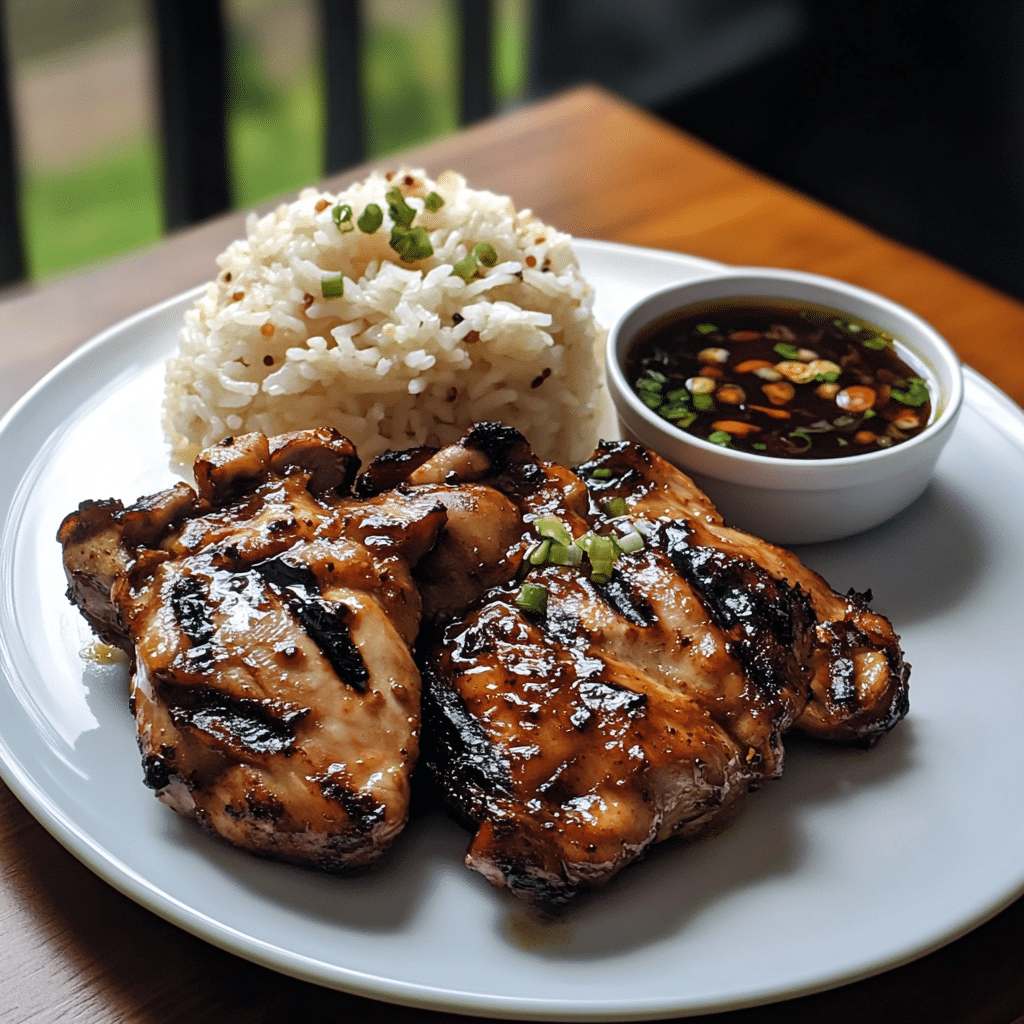 Plated Chicken Inasal with Garlic Rice and Sinamak