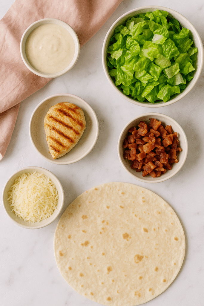 chicken Caesar wrap ingredients flat lay