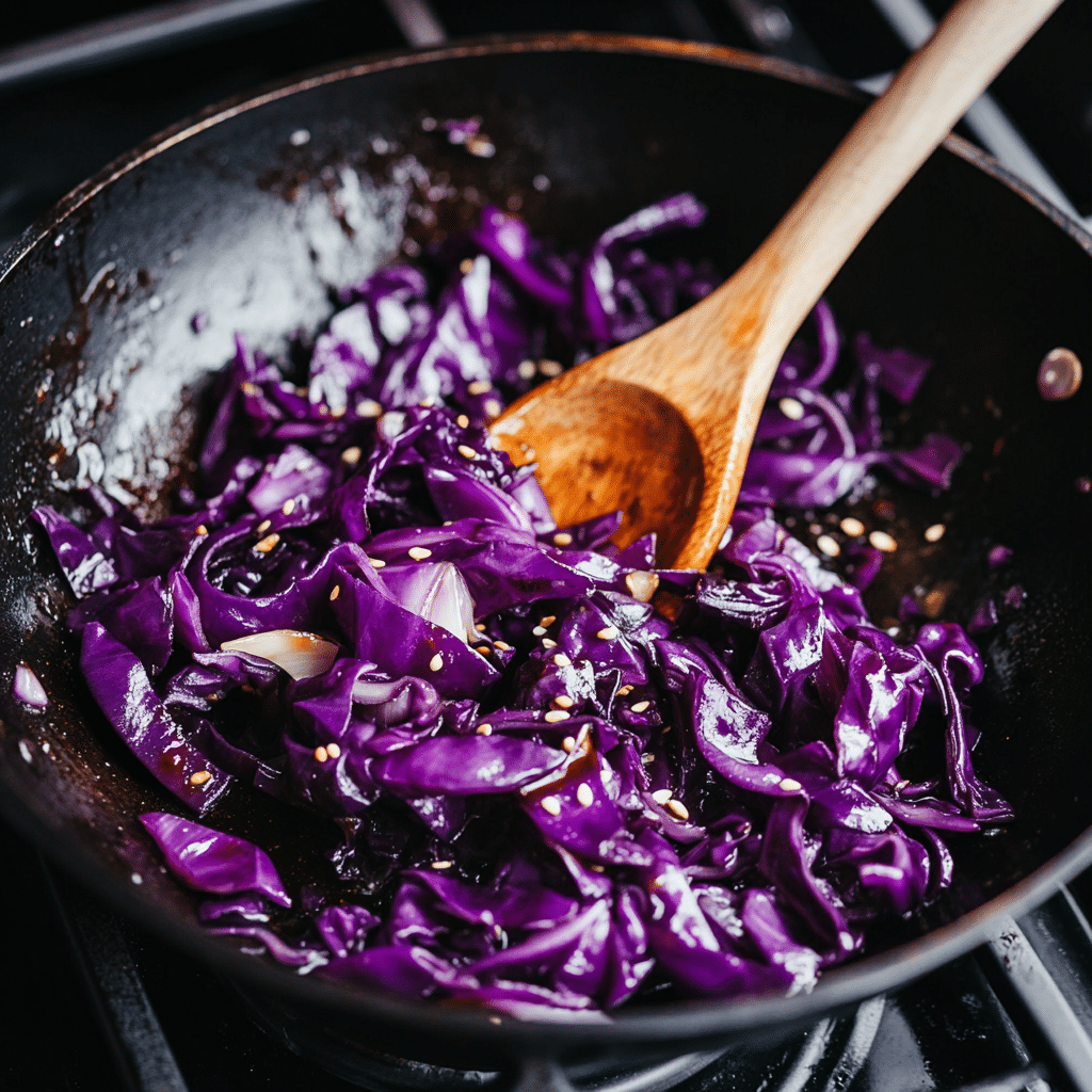 Cooking sesame garlic sautéed purple cabbage in skillet