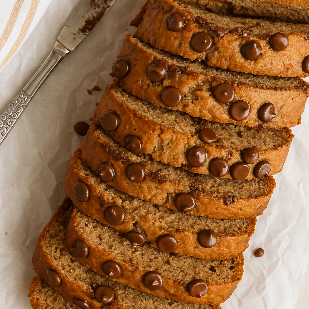 Cottage cheese banana bread loaf sliced on board