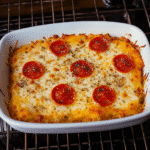 cottage cheese pizza bowl with melted mozzarella and pepperoni