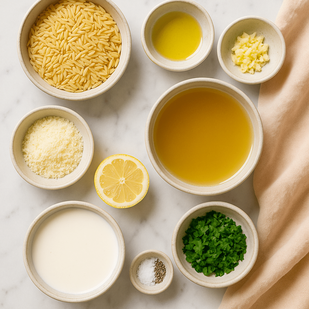 Creamy lemon orzo ingredients layout