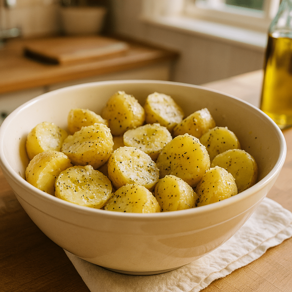 Rough-coated boiled potatoes ready to roast