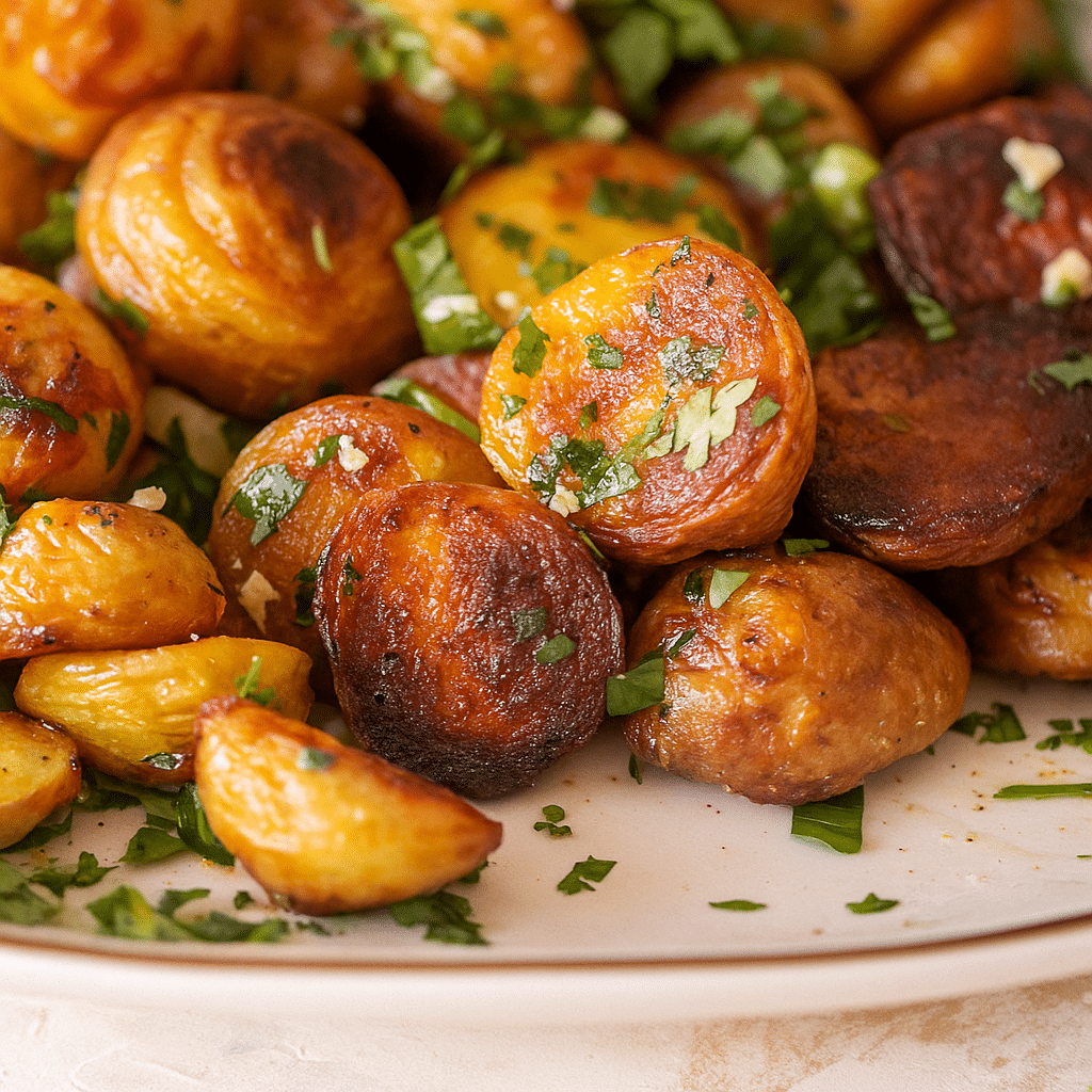 Crispy garlic butter potatoes with golden edges and herbs