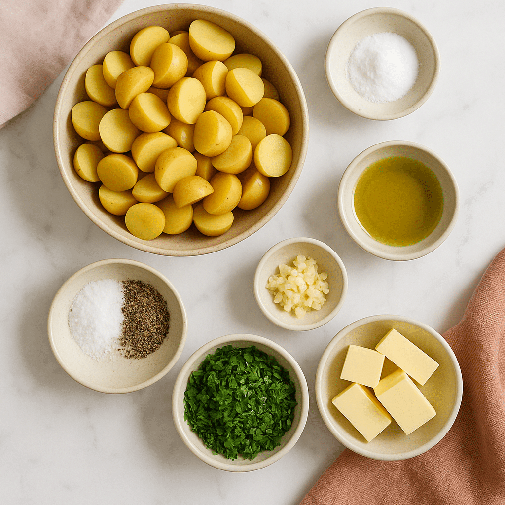 Ingredients for crispy garlic butter potatoes