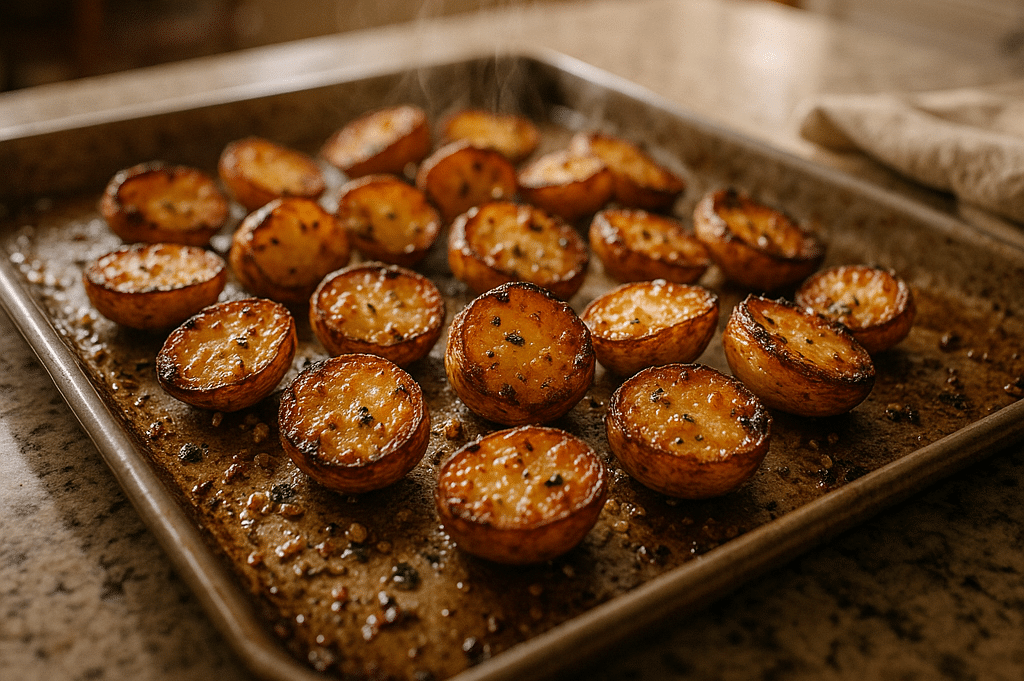 Crispy garlic butter potatoes fresh from oven