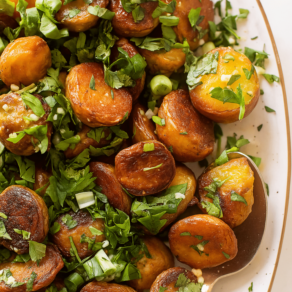 Crispy garlic butter potatoes ready to serve