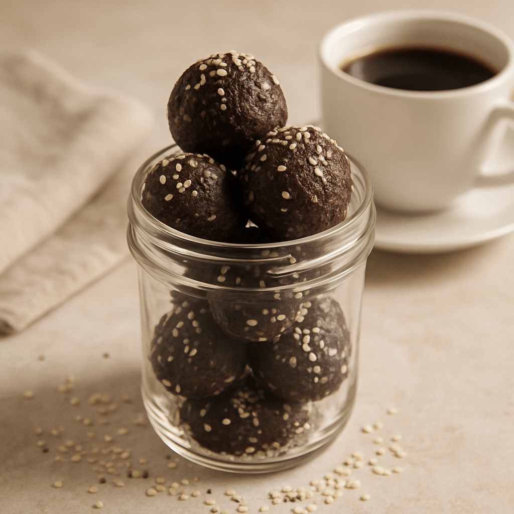 Served dark chocolate hemp energy bites in a jar next to coffee