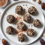 Dark chocolate hemp energy bites arranged on a white plate