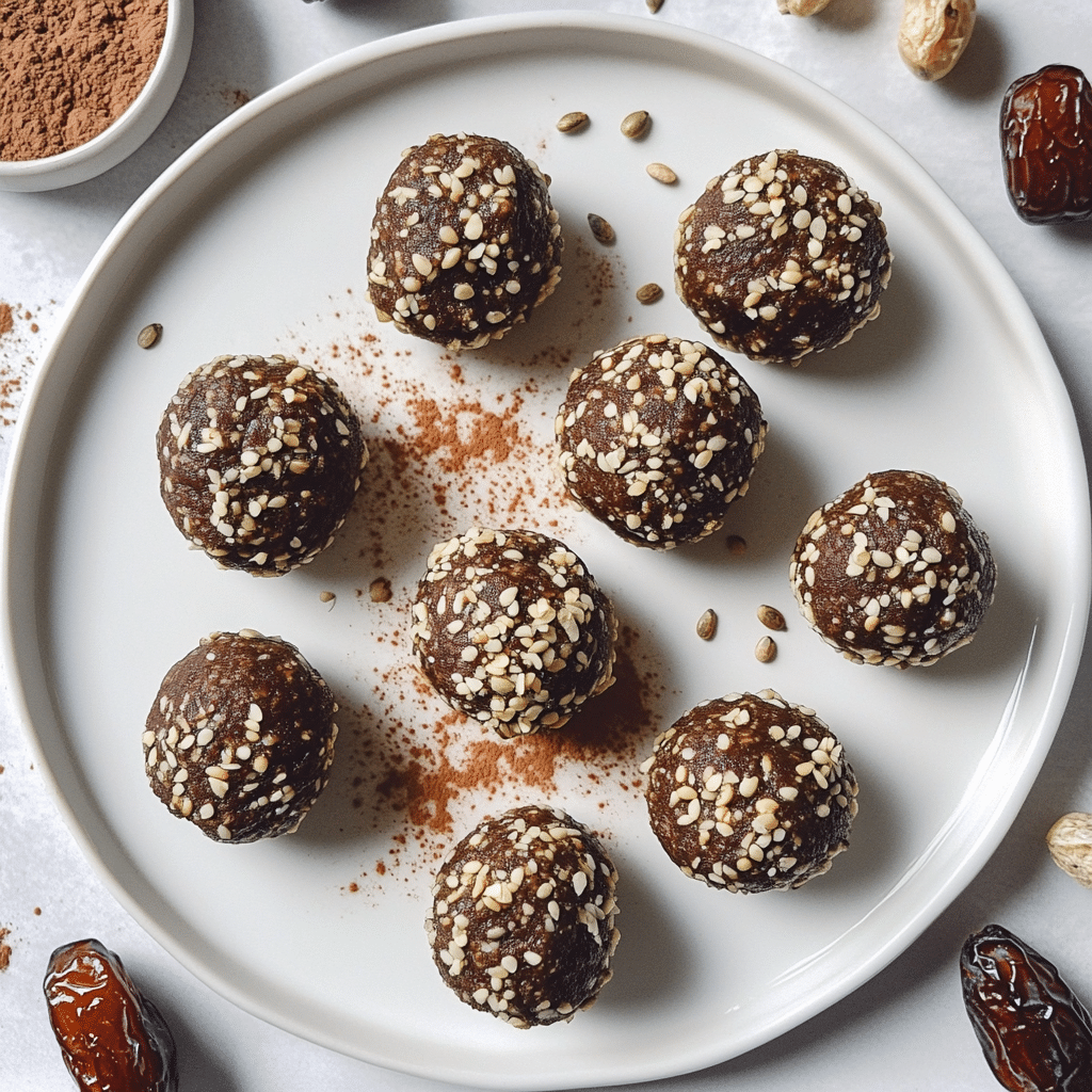Dark chocolate hemp energy bites arranged on a white plate