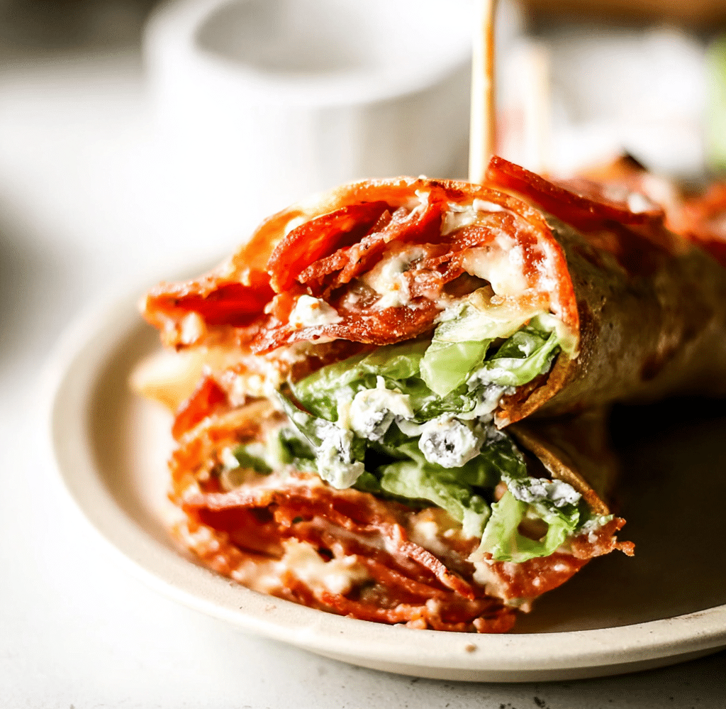 Served pepperoni pizza caesar wraps
