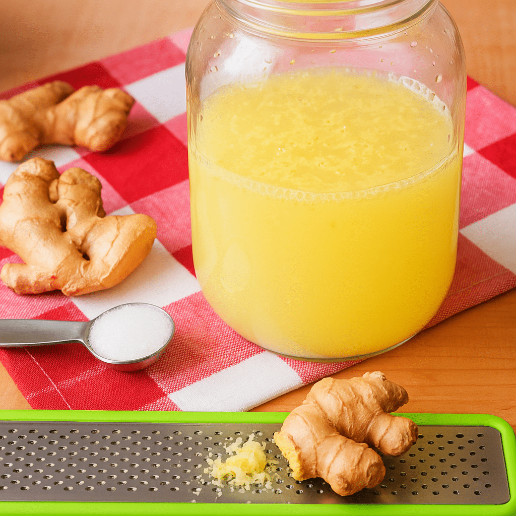 Ginger bug recipe in glass jar with ingredients
