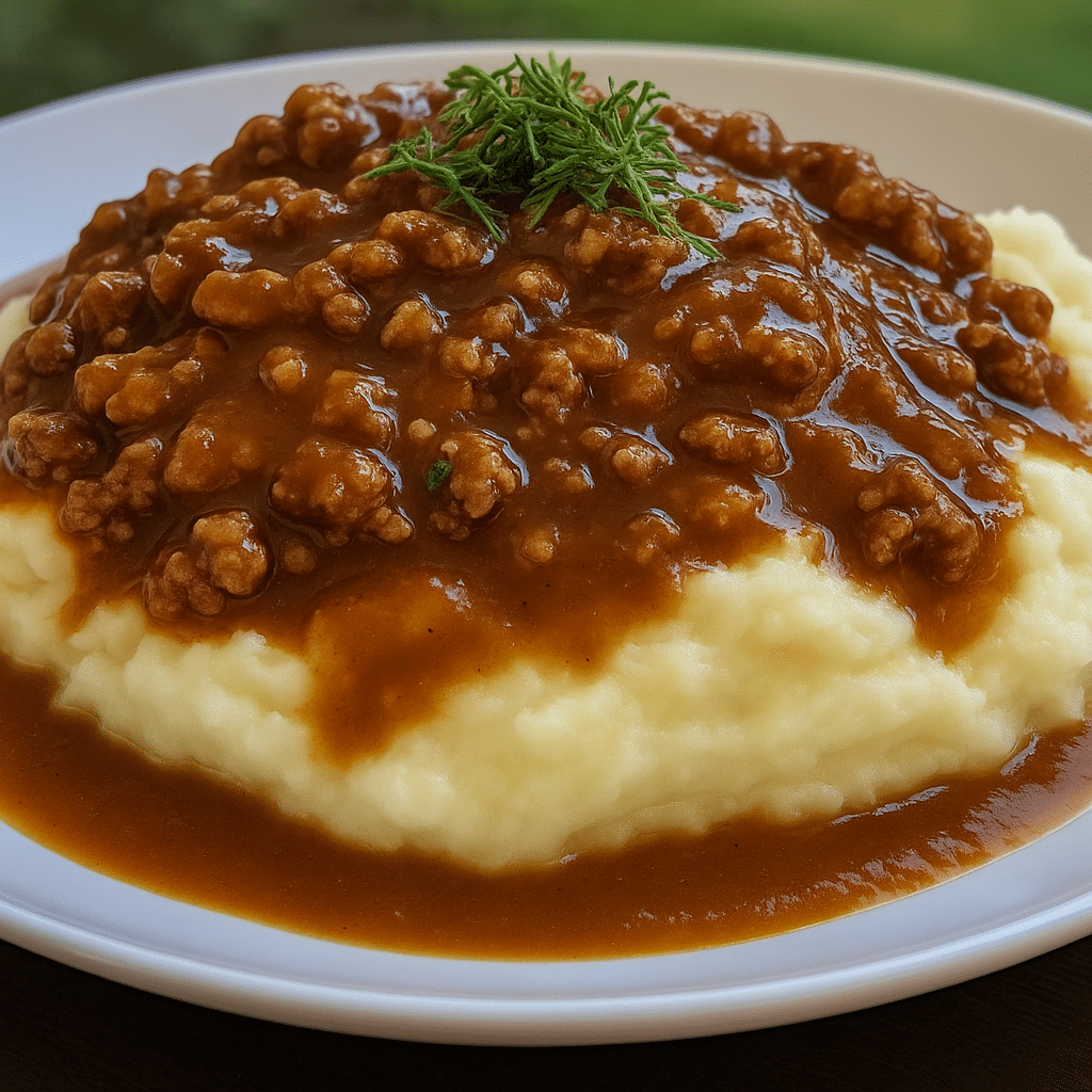 Ground beef and gravy over mashed potatoes on a plate