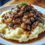 Ground beef and gravy over mashed potatoes on a plate