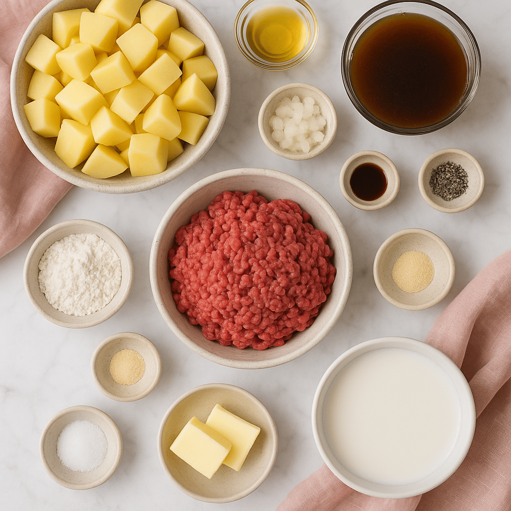 Ingredients for ground beef and gravy over mashed potatoes