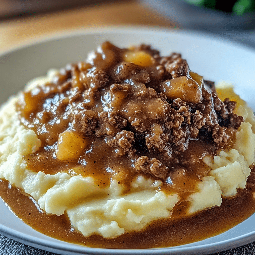 Served plate of ground beef and gravy over mashed potatoes