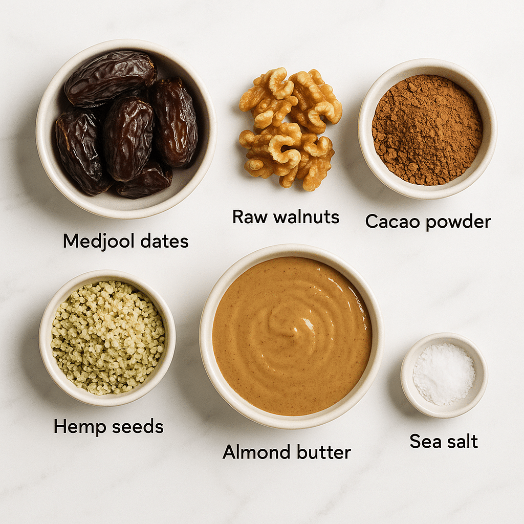 Ingredients for dark chocolate hemp energy bites