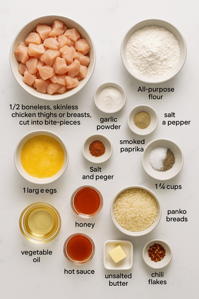Ingredients for Hot Honey Popcorn Chicken Bites recipe