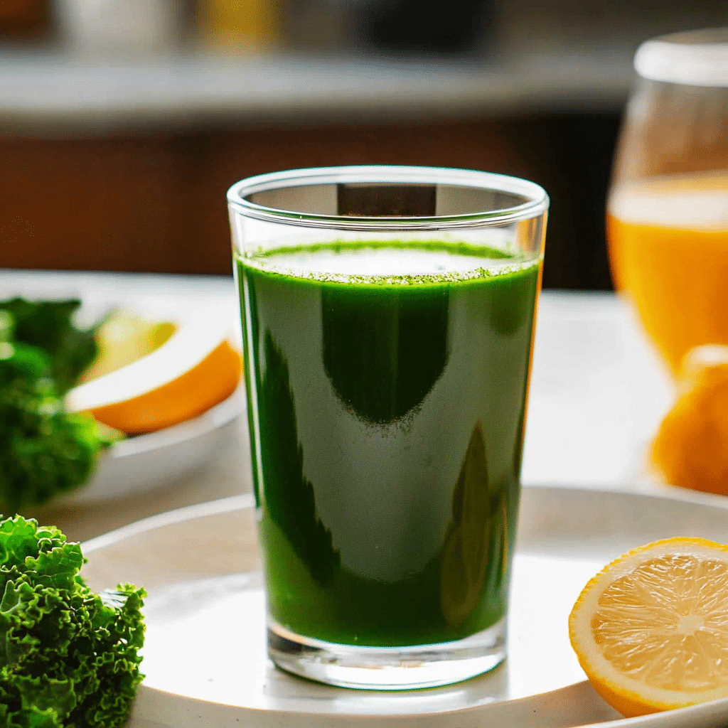kale juice recipe in glass with fresh ingredients