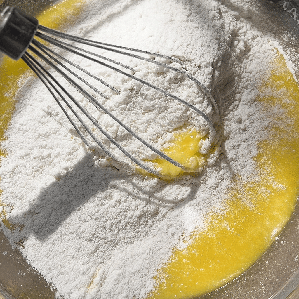Pouring lemon bundt cake batter into pan
