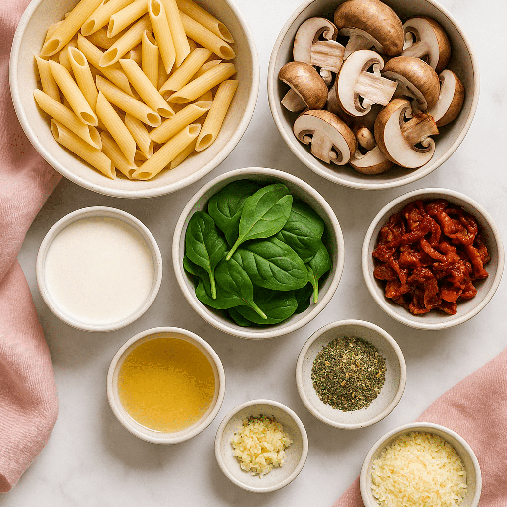 Marry Me Chicken Pasta ingredients flat lay