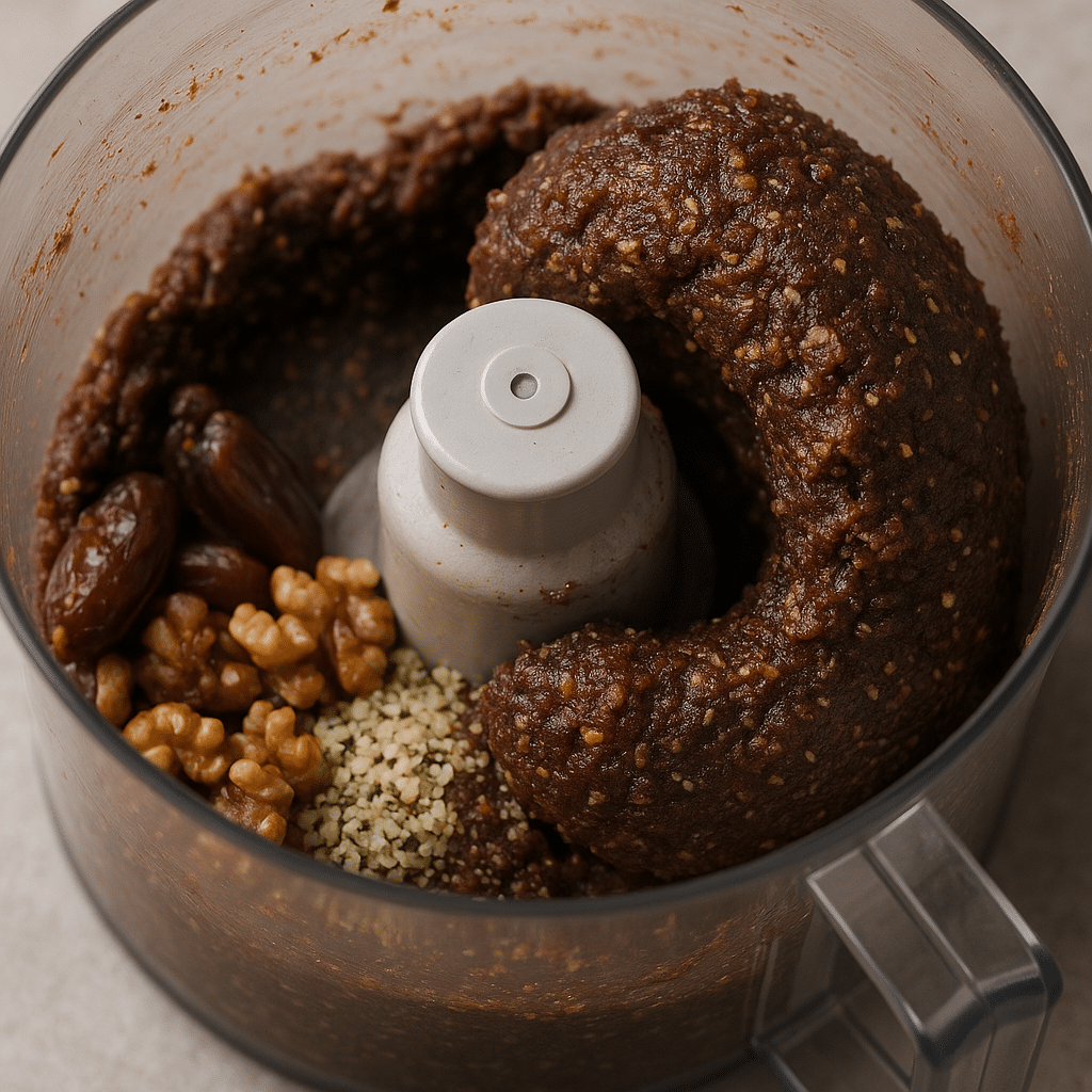 A sticky, chocolatey mixture forming inside a food processor