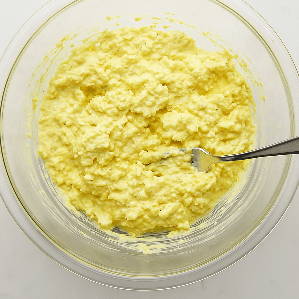 Mixing the Masters egg salad recipe in a bowl