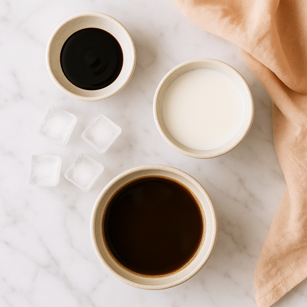 Ingredients for homemade mocha iced coffee recipe