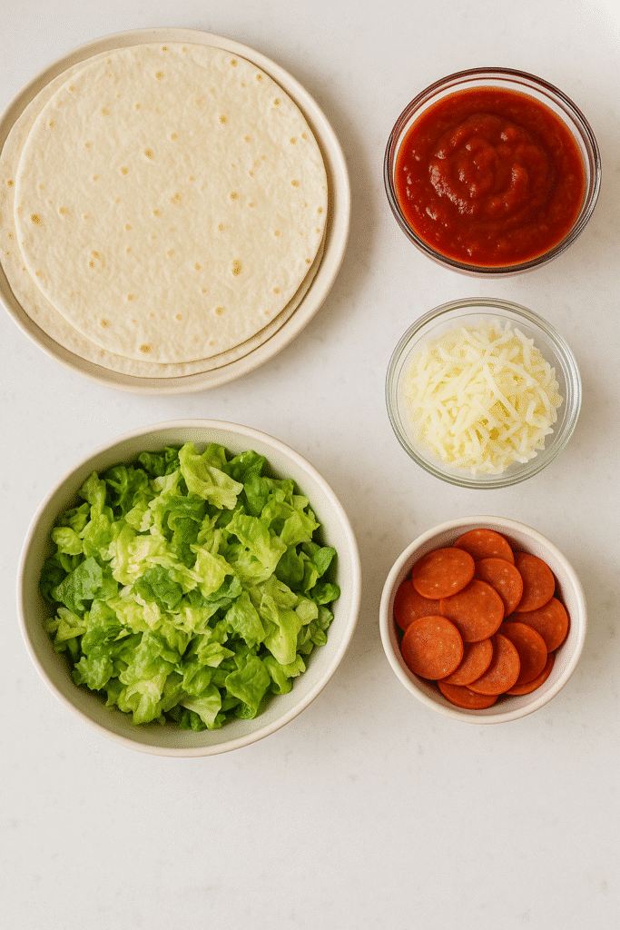 Ingredients for pepperoni pizza caesar wraps