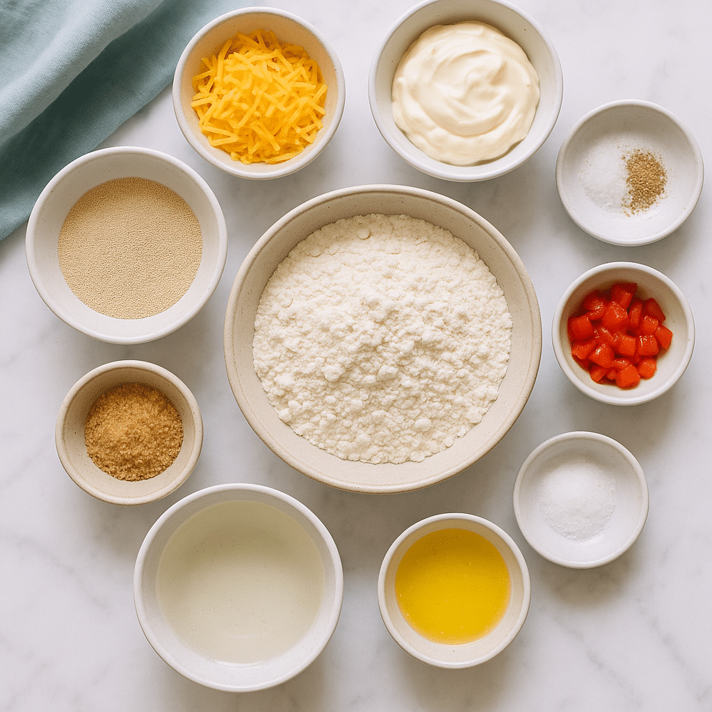 Ingredients for pimento cheese stuffed pretzel bites