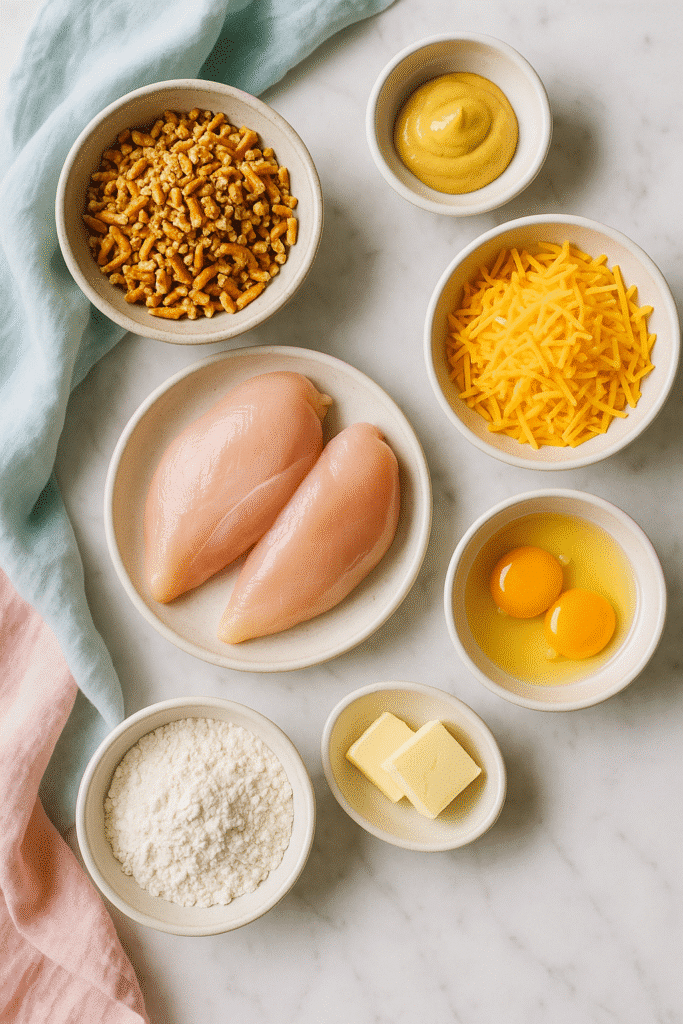 Ingredients for Pretzel Chicken with Mustard-Cheddar Sauce