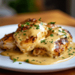 Pretzel Chicken with Mustard-Cheddar Sauce on a white plate