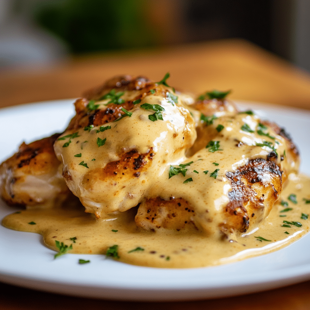 Pretzel Chicken with Mustard-Cheddar Sauce on a white plate