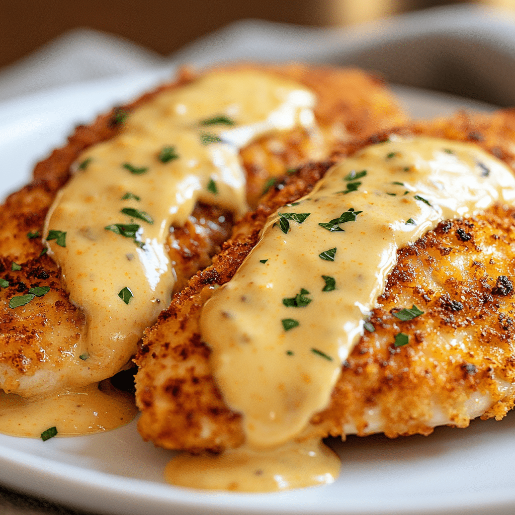 Pretzel Chicken with Mustard-Cheddar Sauce