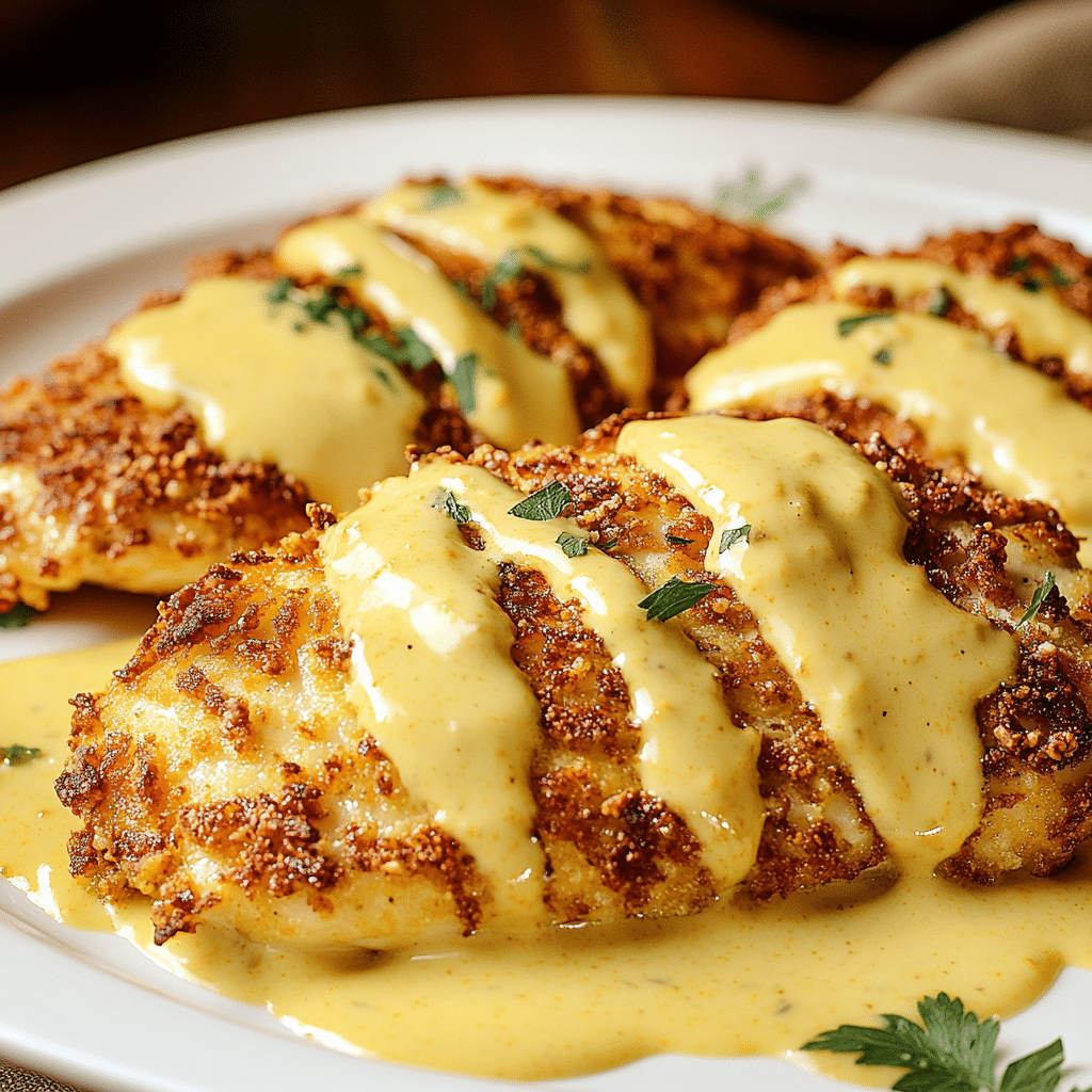 Served Pretzel Chicken with Mustard-Cheddar Sauce
