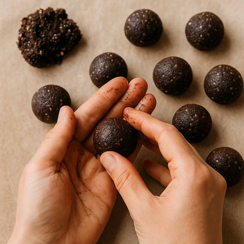 Rolling dark chocolate hemp energy bites by hand