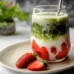 A finished strawberry matcha latte served