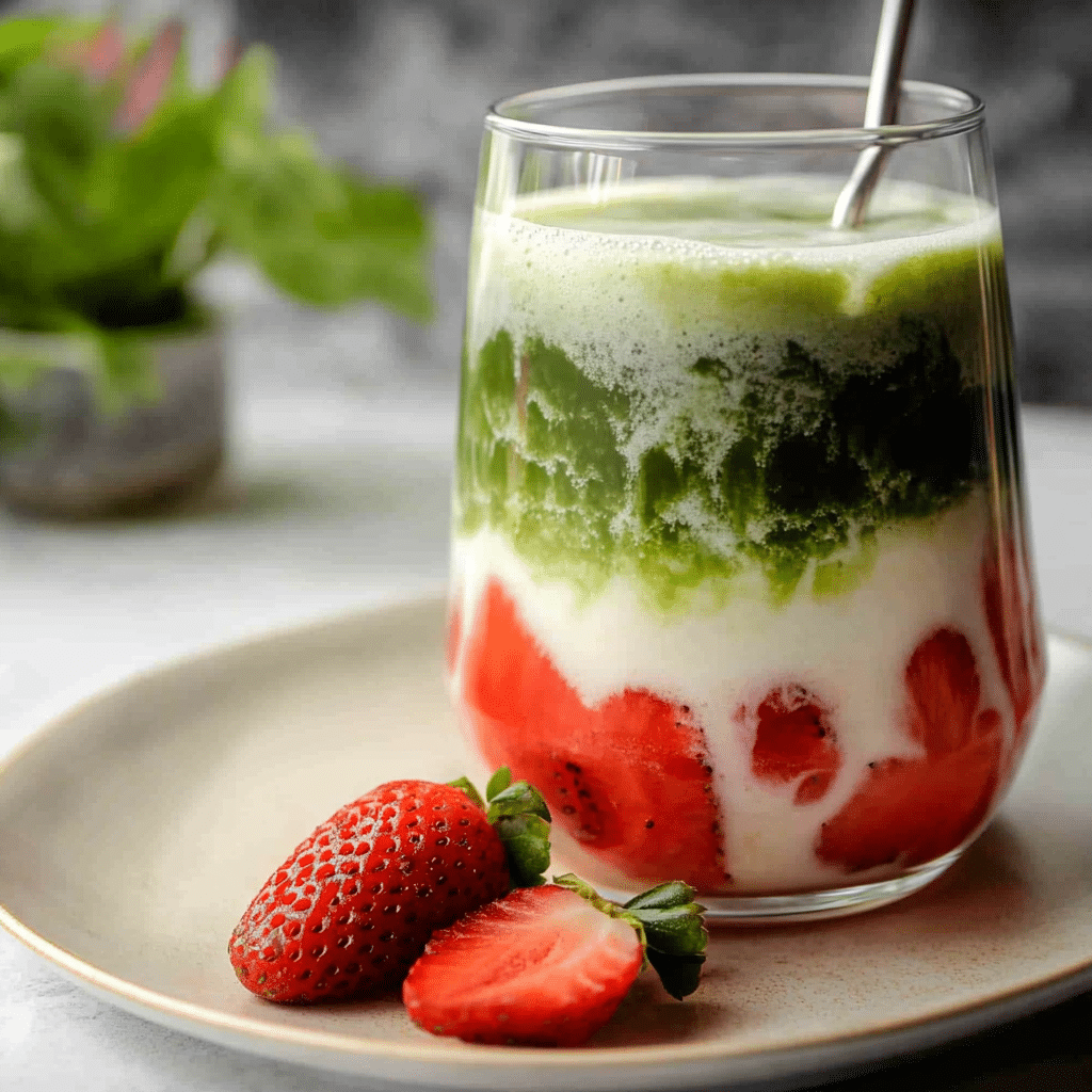 A finished strawberry matcha latte served