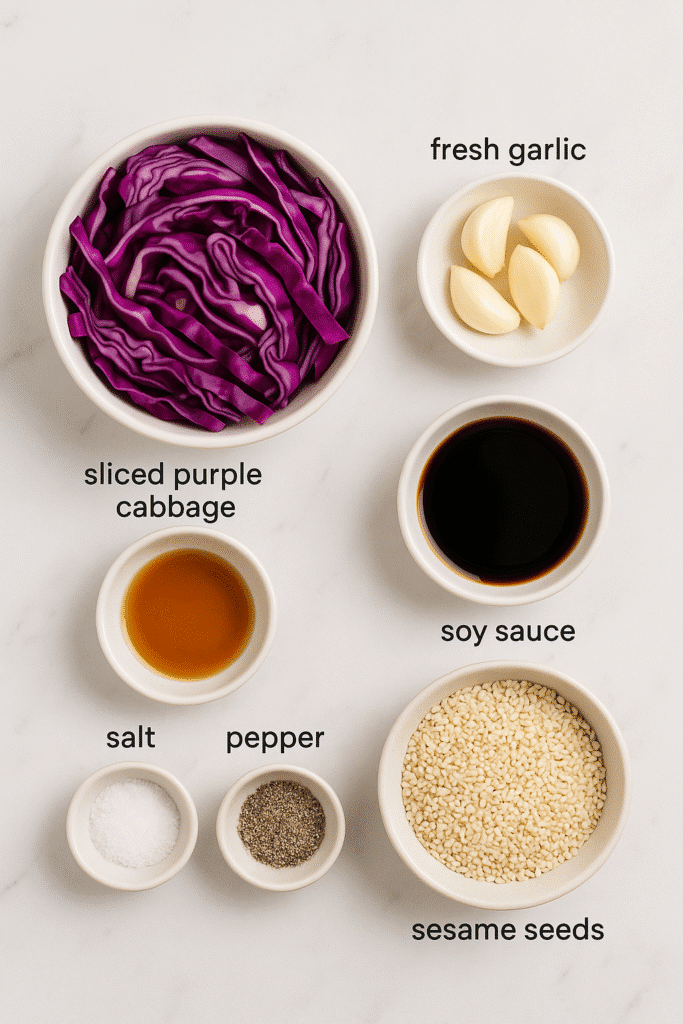 Ingredients for sesame garlic sautéed purple cabbage