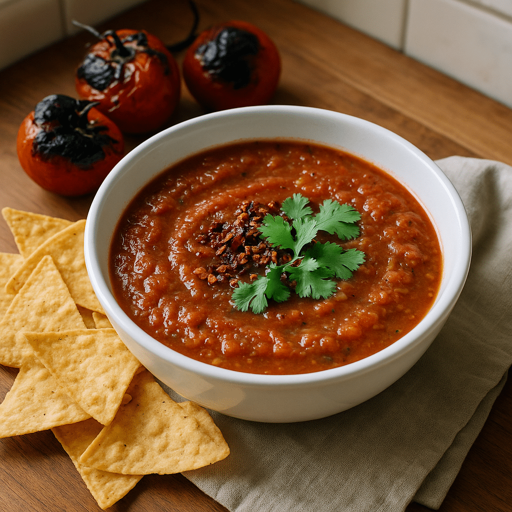 smoky salsa roja in rustic bowl with chips